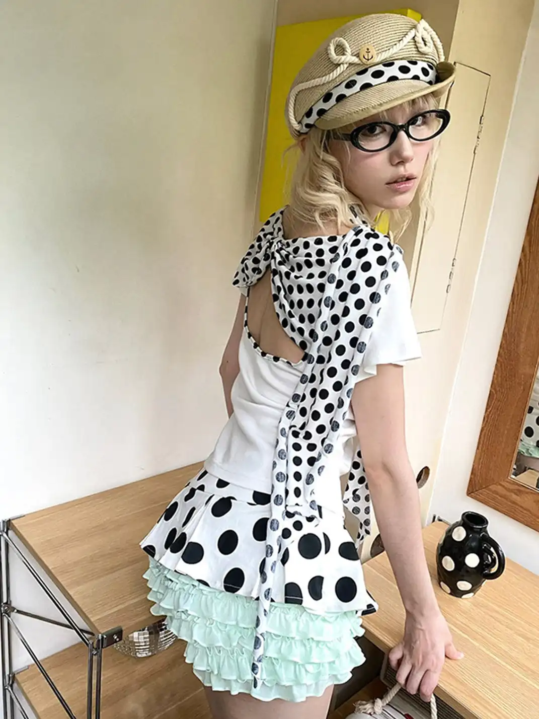 nit alcove | Fake Two-piece Polka Dot Elastic Lace Shorts