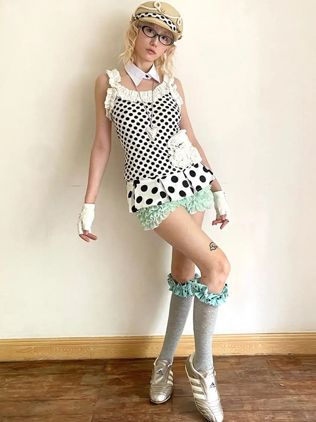 nit alcove | Fake Two-piece Polka Dot Elastic Lace Shorts