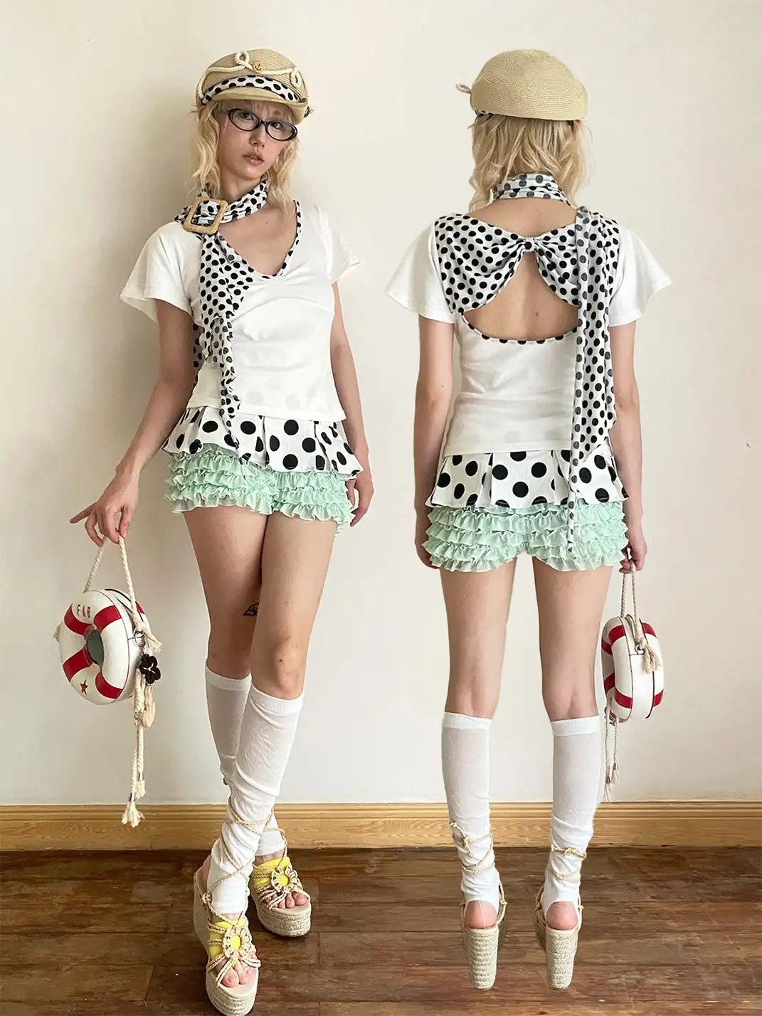 nit alcove | Fake Two-piece Polka Dot Elastic Lace Shorts