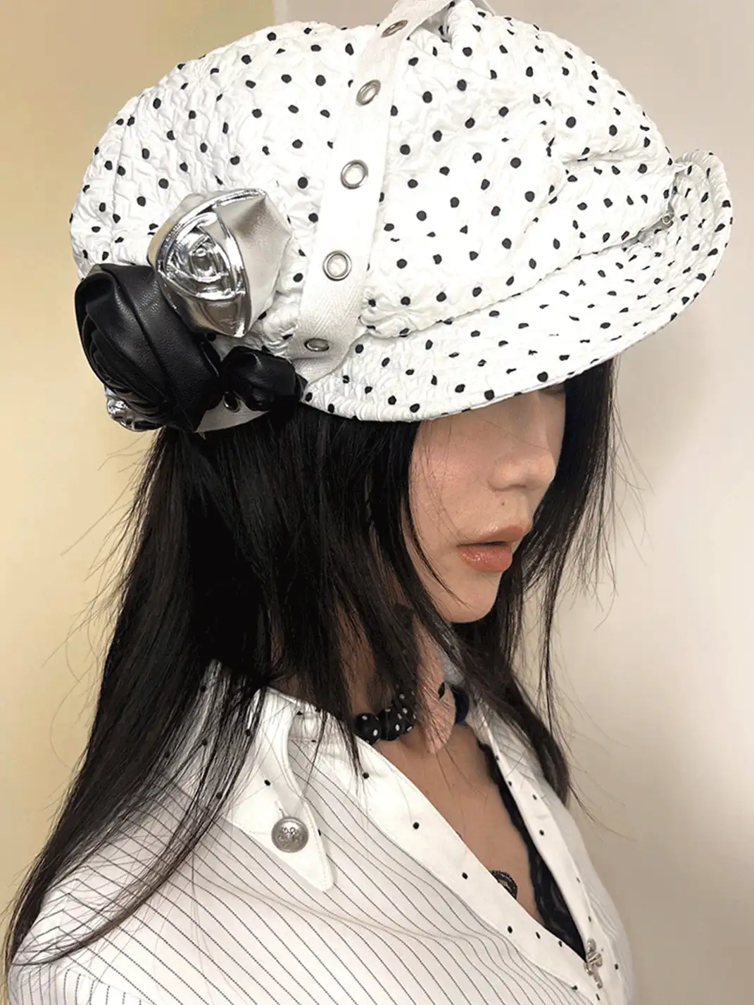 nit alcove | Polka Dot Handmade 3D Leather Flower Beret