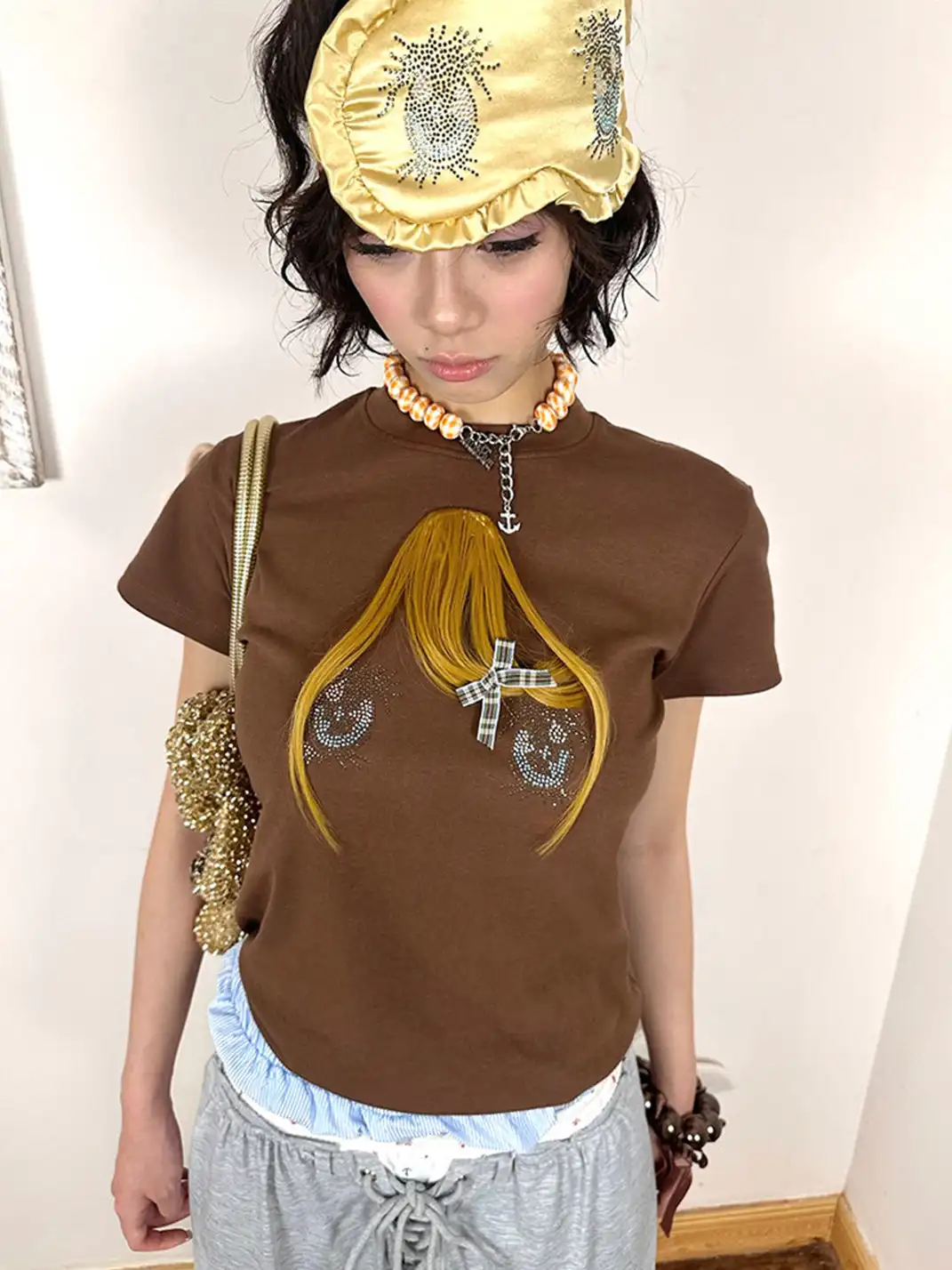 nit alcove | Big Eyes Rhinestone Bangs Wig T-shirt