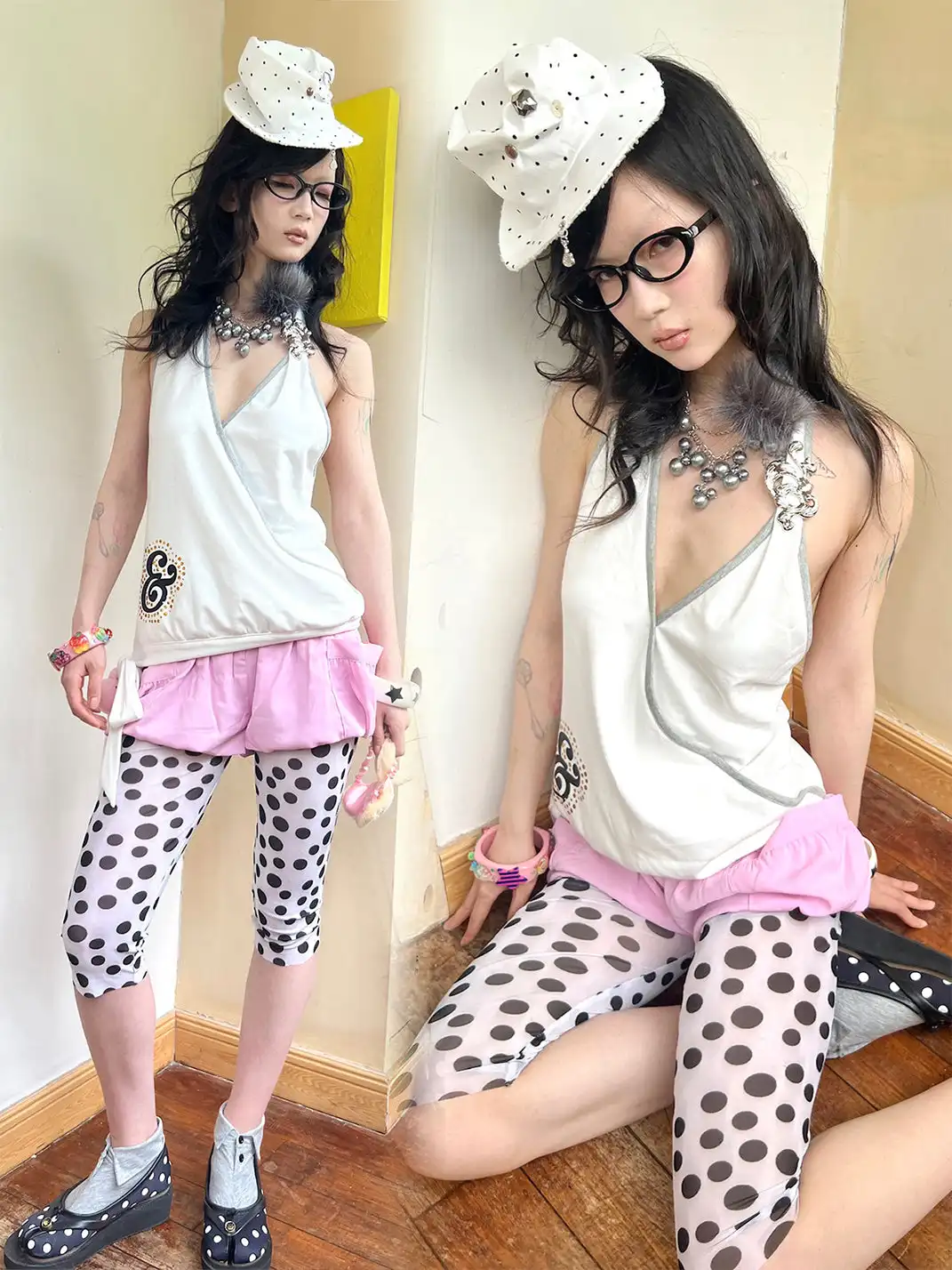 nit alcove | Mesh Polka Dot Seven-point Pants