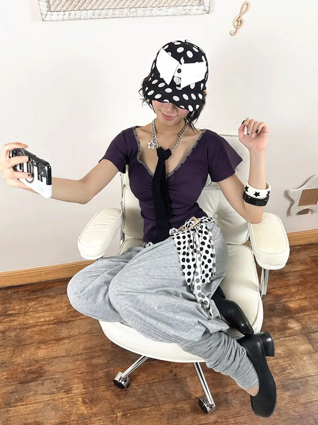 nit alcove | Fake Collar Black White Polka Dot Adjustable Baseball Cap