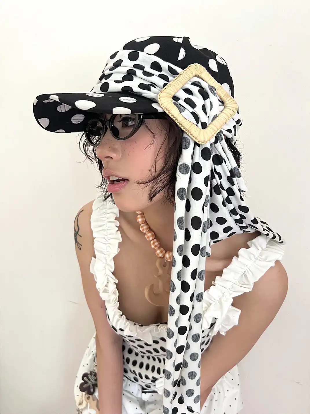 nit alcove | Fake Collar Black White Polka Dot Adjustable Baseball Cap