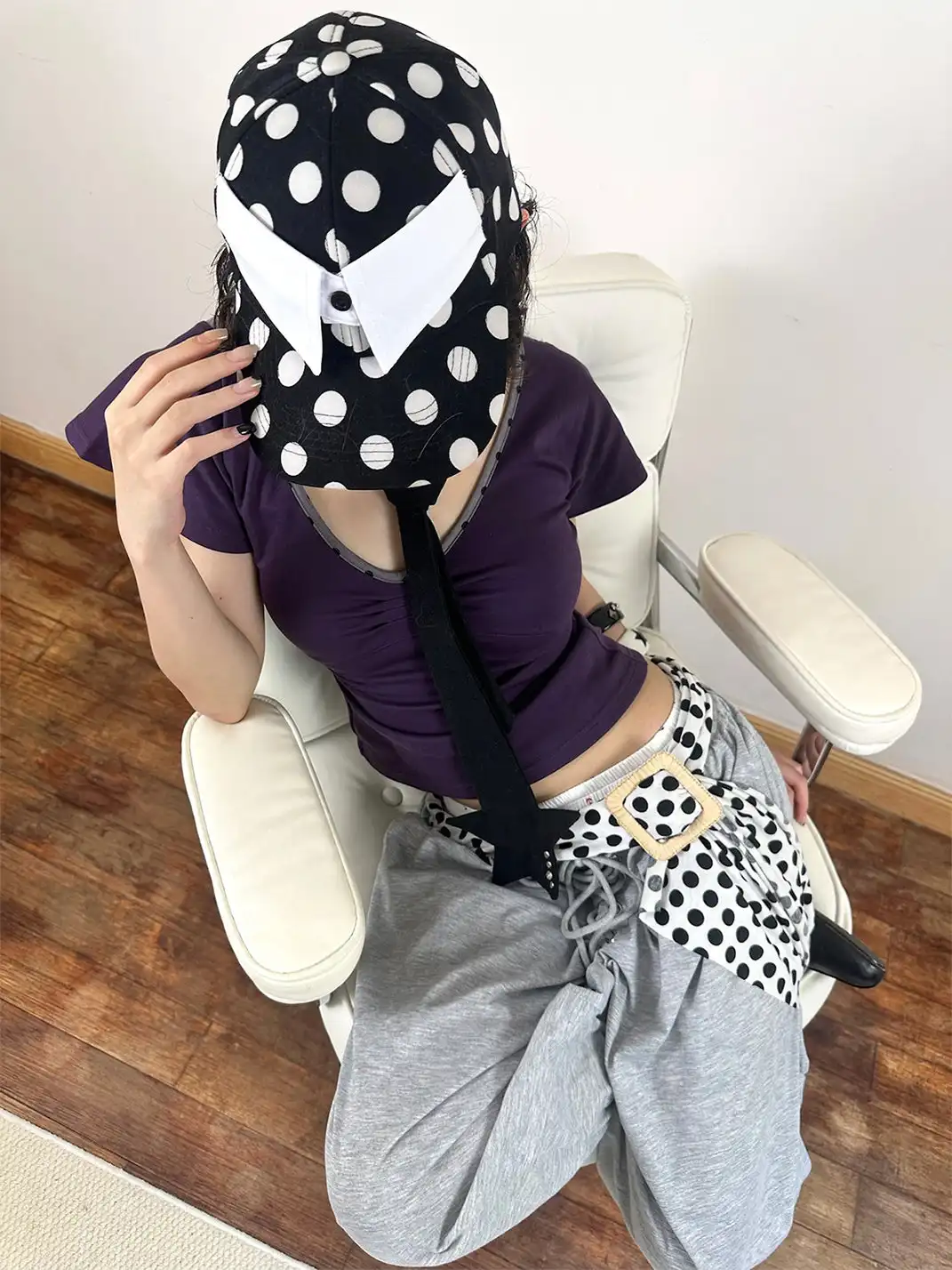 nit alcove | Fake Collar Black White Polka Dot Adjustable Baseball Cap