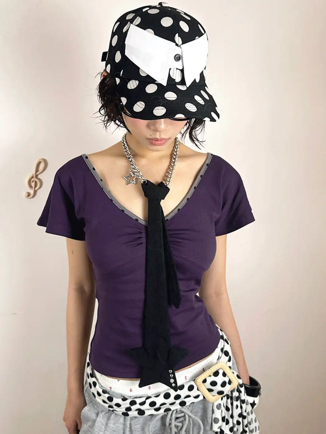nit alcove | Fake Collar Black White Polka Dot Adjustable Baseball Cap