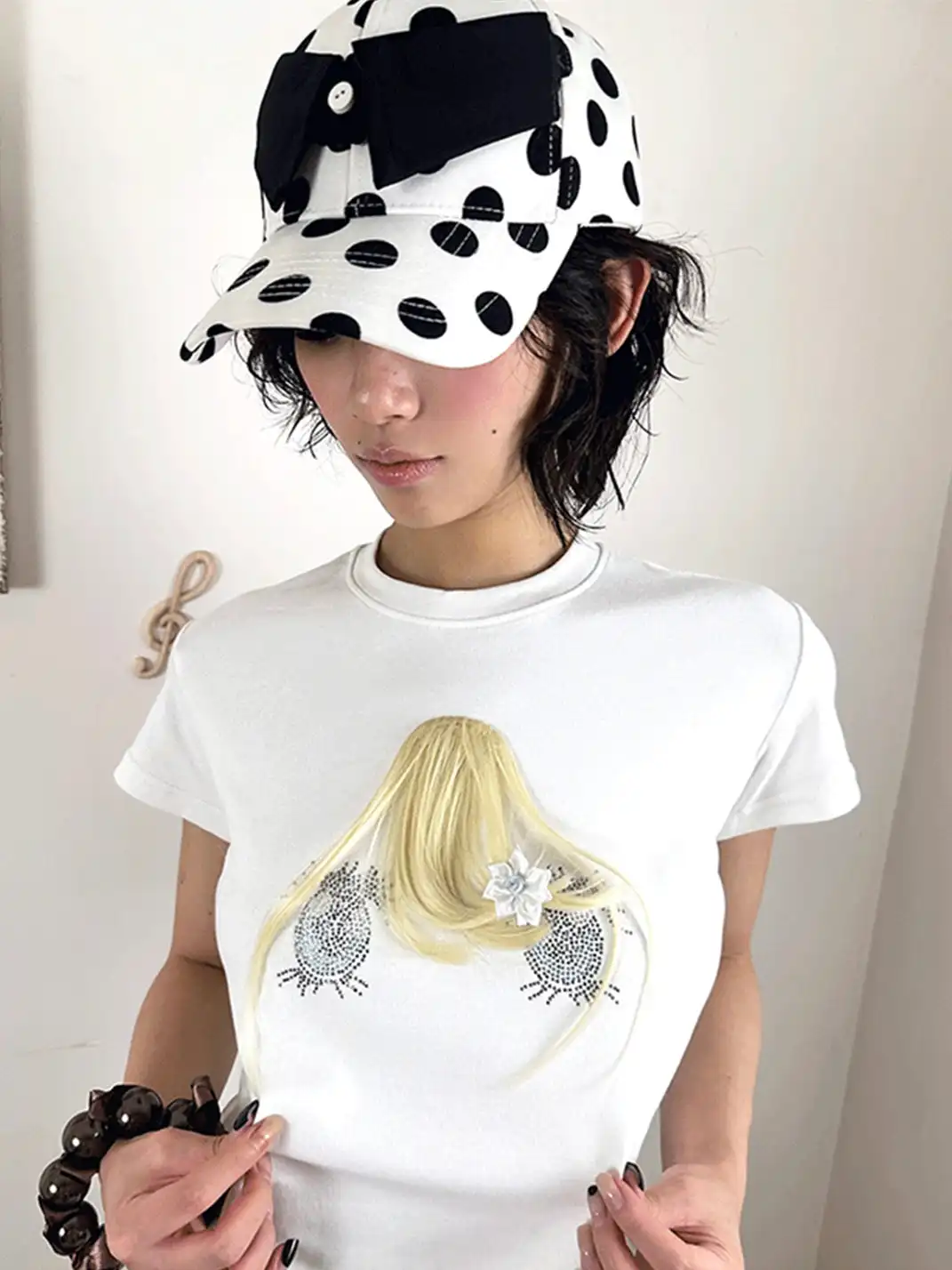 nit alcove | Fake Collar Black White Polka Dot Adjustable Baseball Cap