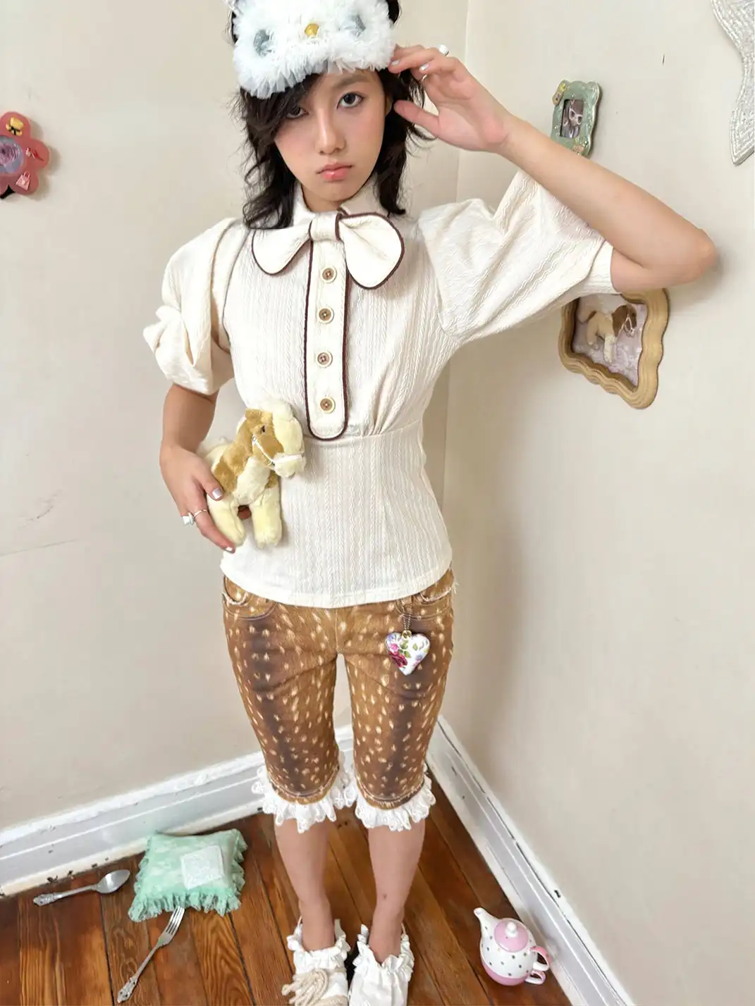 nit alcove | Double-layer Lace Color Contrast Stitching Knee-length Shorts