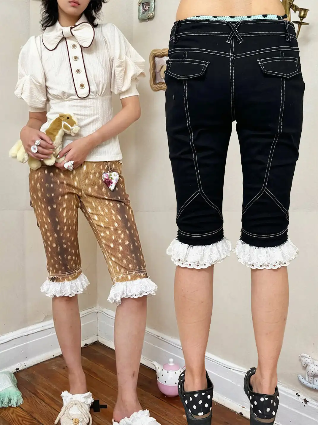 nit alcove | Double-layer Lace Color Contrast Stitching Knee-length Shorts