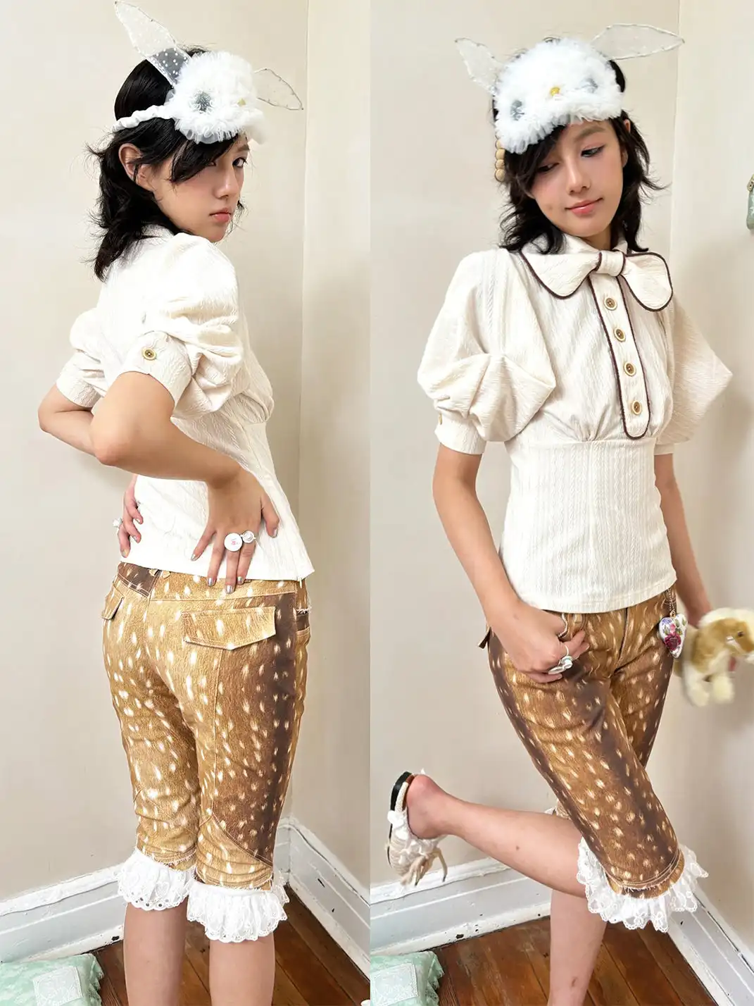 nit alcove | Double-layer Lace Color Contrast Stitching Knee-length Shorts