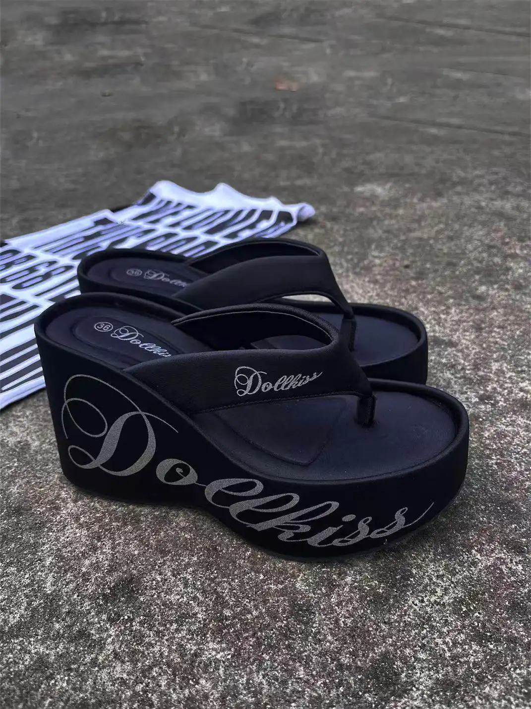 DOLLKISS | Letter Printed 10cm Platform Wedge Flip Flops