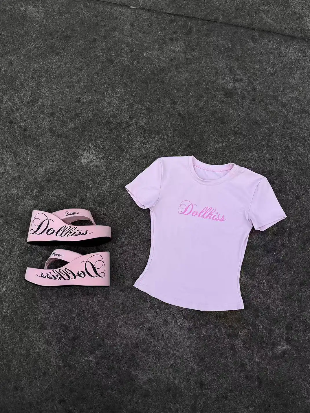 DOLLKISS | Letter Printed 10cm Platform Wedge Flip Flops