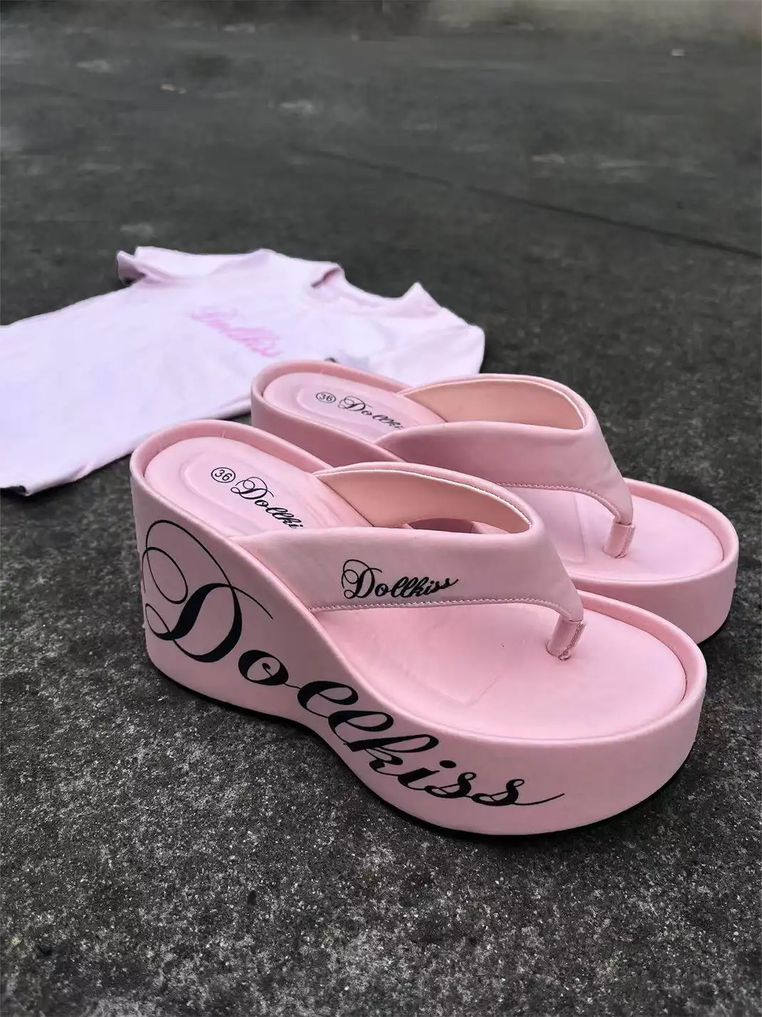 DOLLKISS | Letter Printed 10cm Platform Wedge Flip Flops