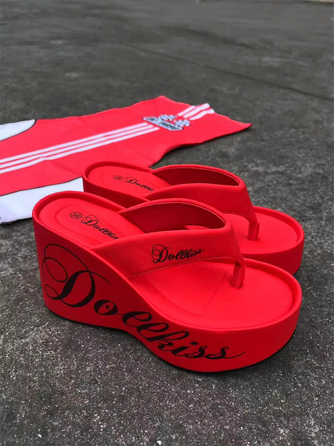 DOLLKISS | Letter Printed 10cm Platform Wedge Flip Flops