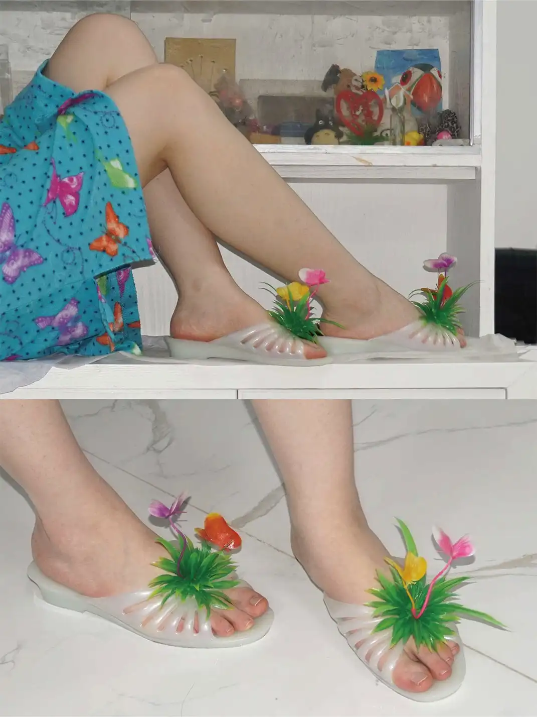 Osw | Iridescent Butterfly Plastic Grass Rubber Slippers