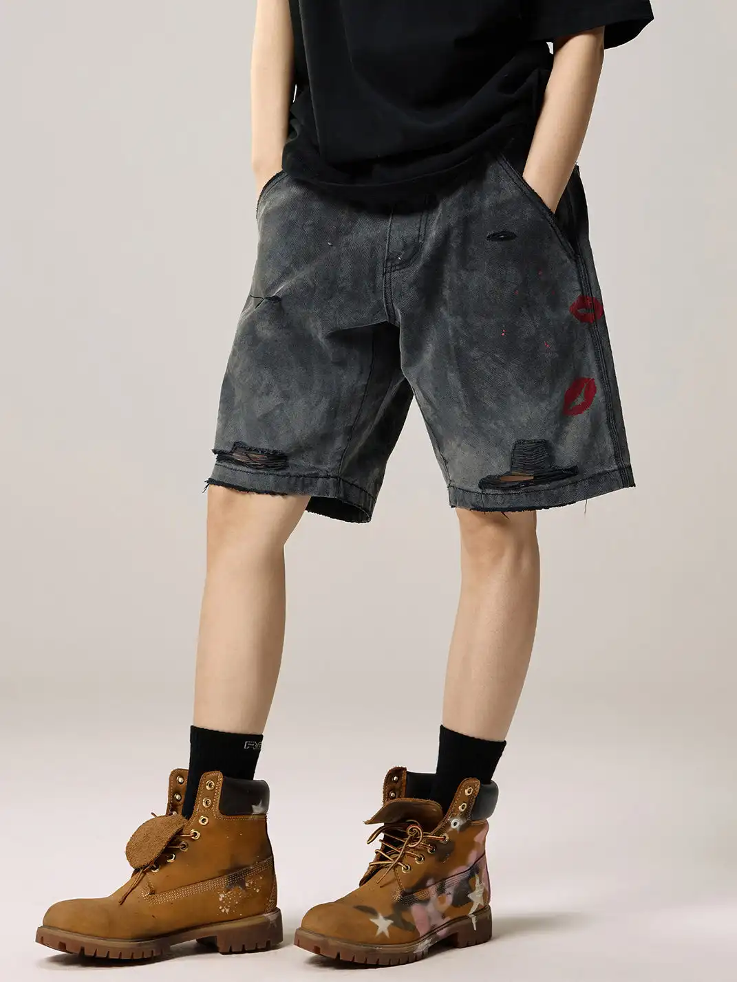 Remedy | Retro Washed Distressed Ripped Five-point Pants