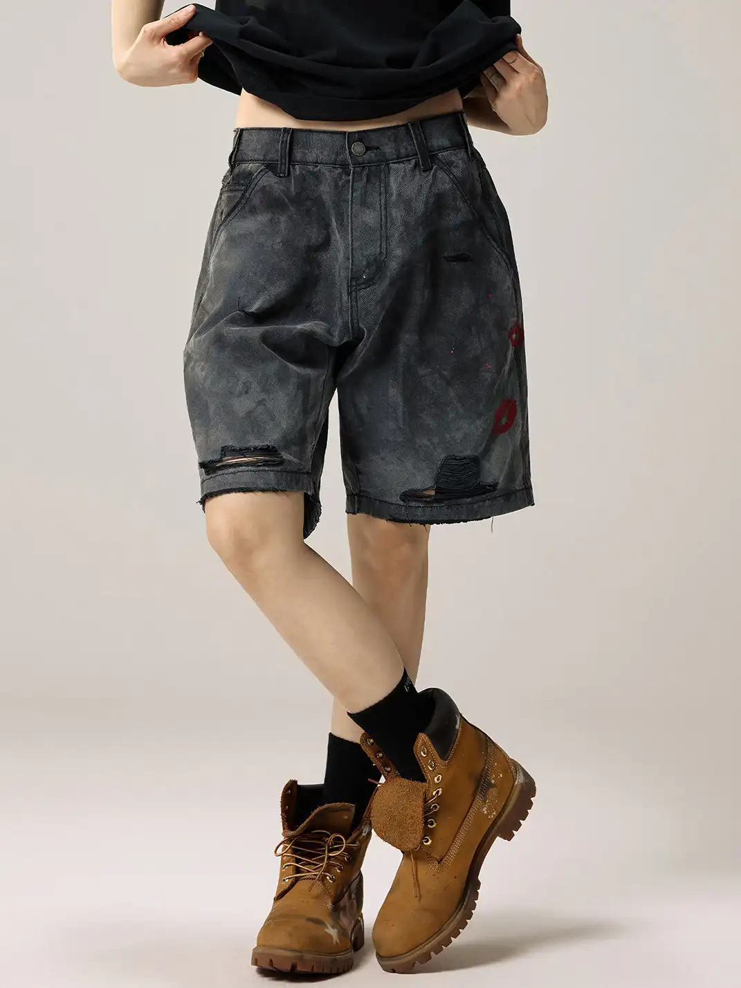 Remedy | Retro Washed Distressed Ripped Five-point Pants