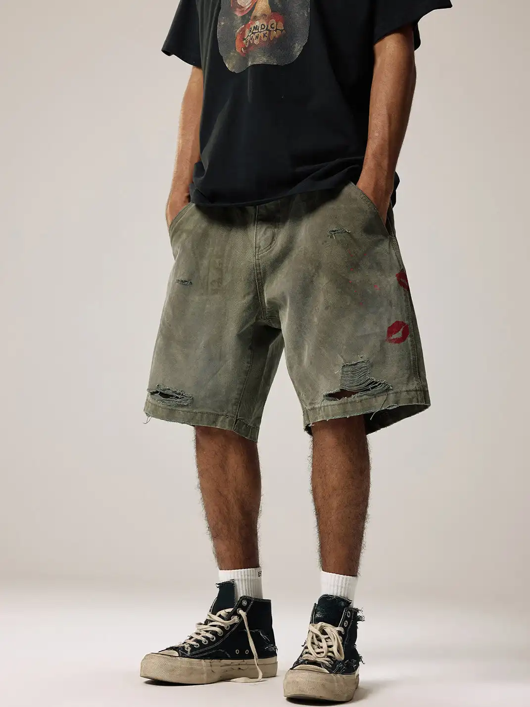Remedy | Retro Washed Distressed Ripped Five-point Pants