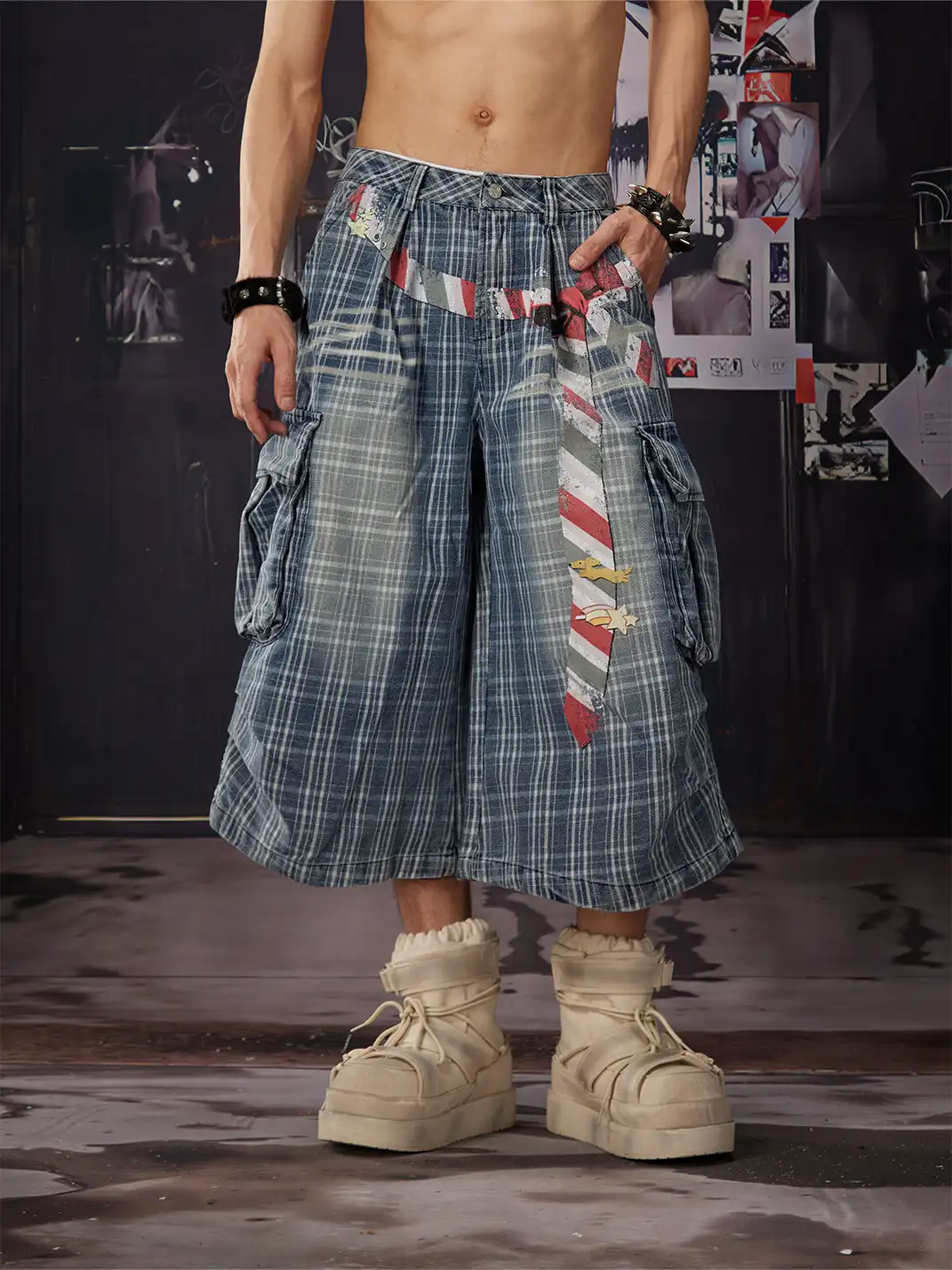 NOMANIAI | Plaid Washed Vintage Pleated Seven-point Jeans