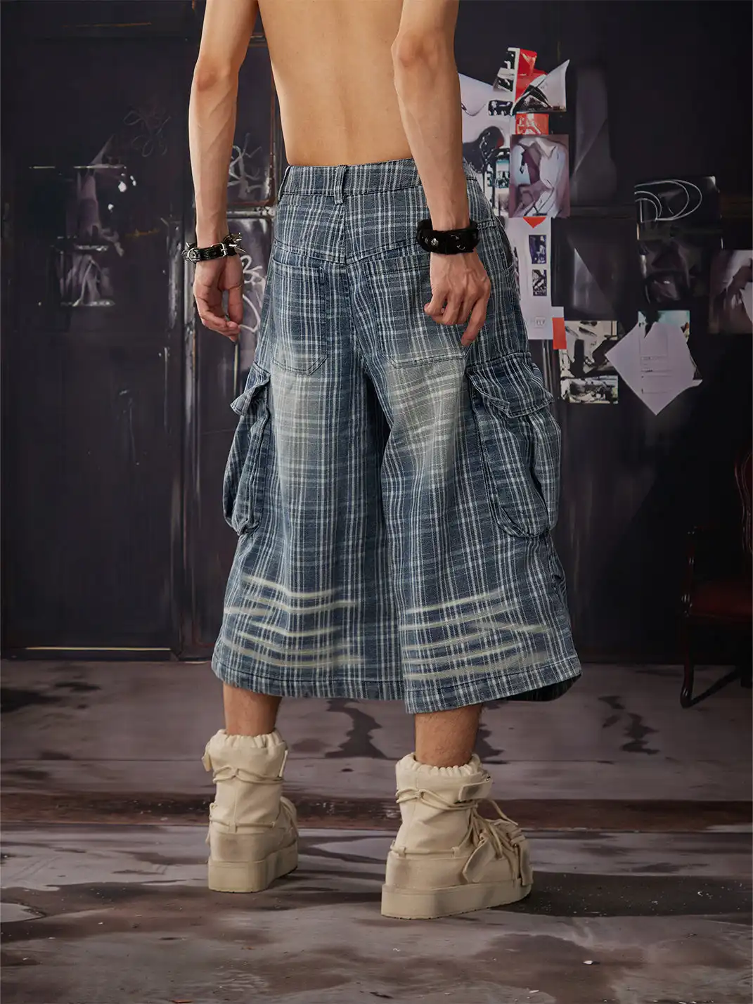 NOMANIAI | Plaid Washed Vintage Pleated Seven-point Jeans