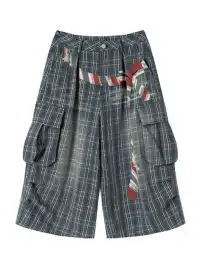 NOMANIAI | Plaid Washed Vintage Pleated Seven-point Jeans