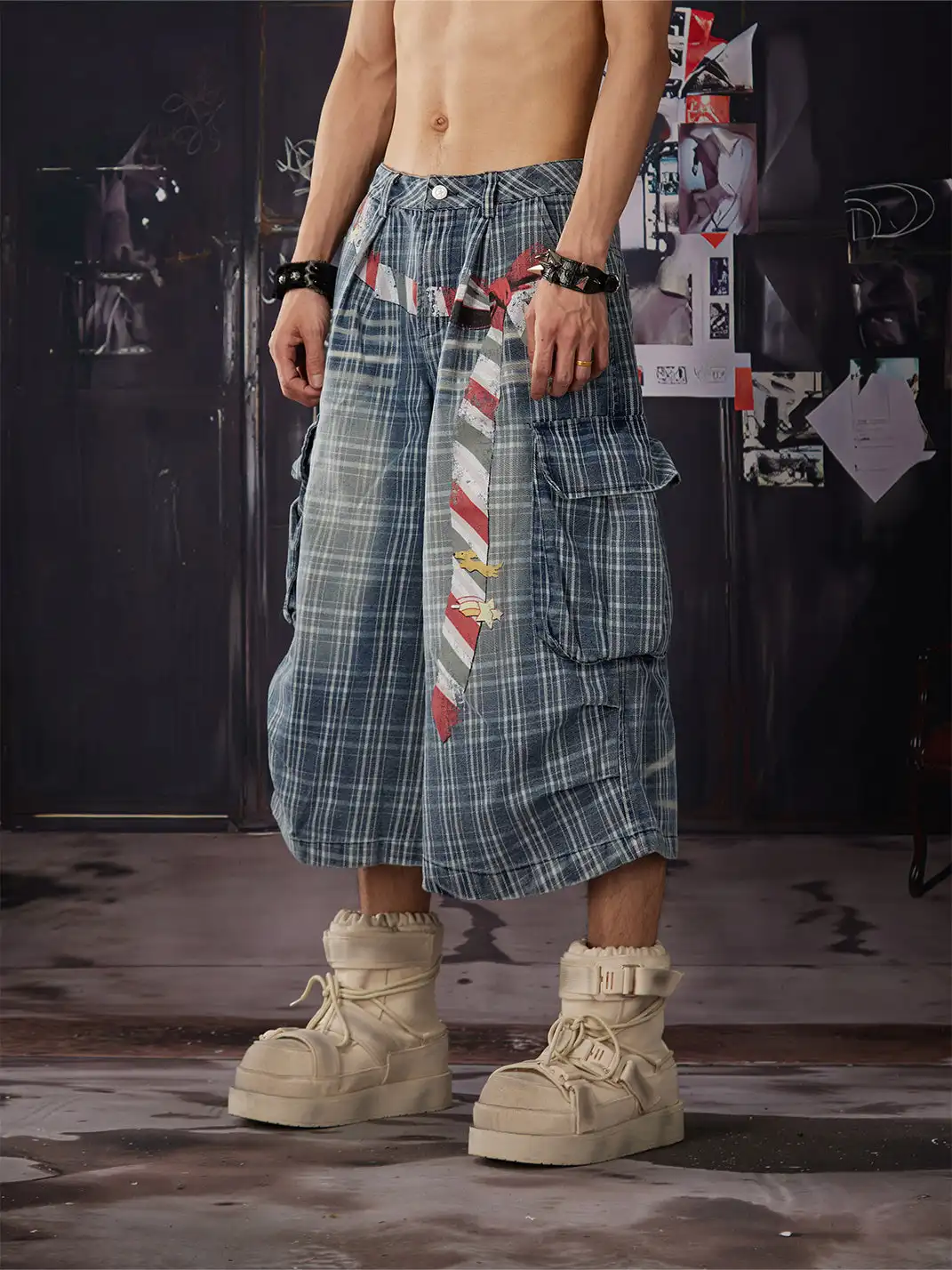 NOMANIAI | Plaid Washed Vintage Pleated Seven-point Jeans