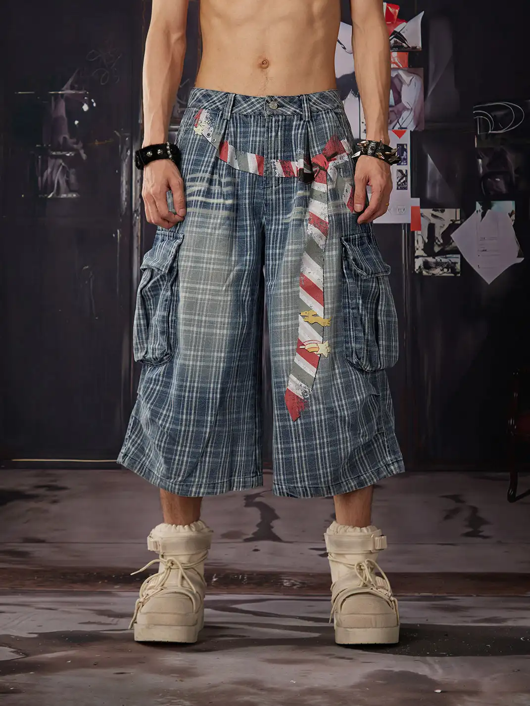 NOMANIAI | Plaid Washed Vintage Pleated Seven-point Jeans