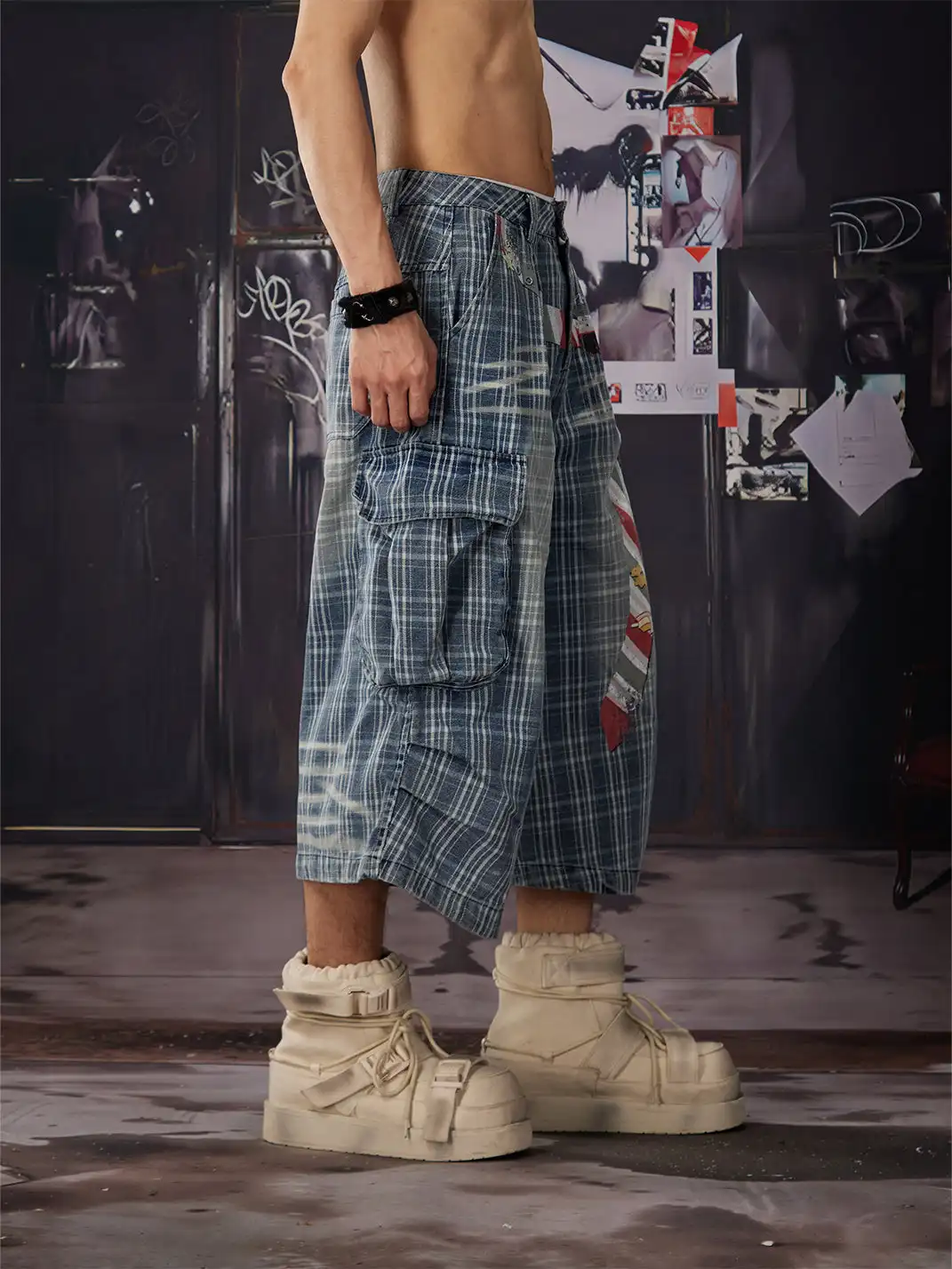 NOMANIAI | Plaid Washed Vintage Pleated Seven-point Jeans