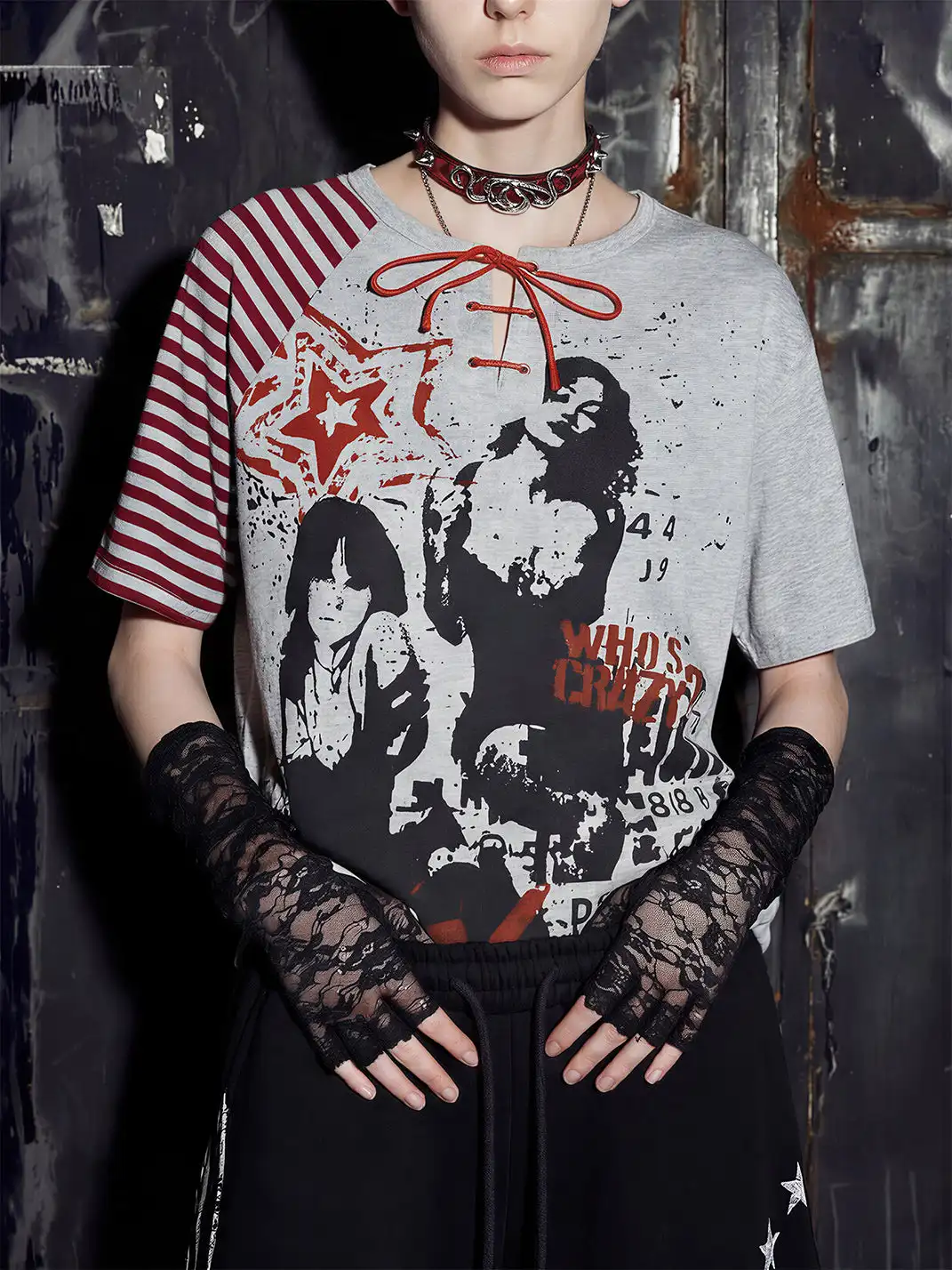 NOMANIAI | Deconstructed Spliced Striped Print T-shirt
