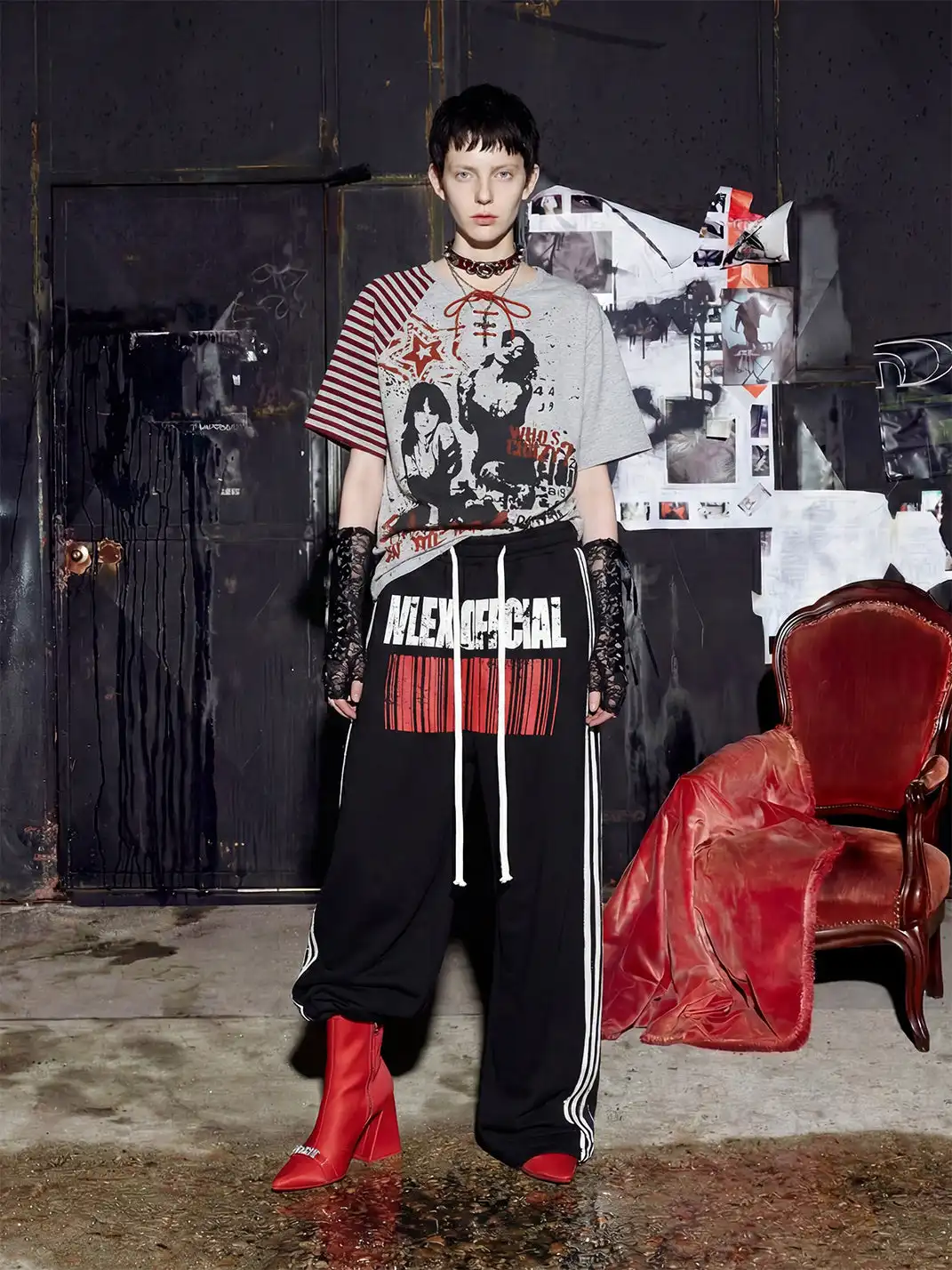 NOMANIAI | Deconstructed Spliced Striped Print T-shirt