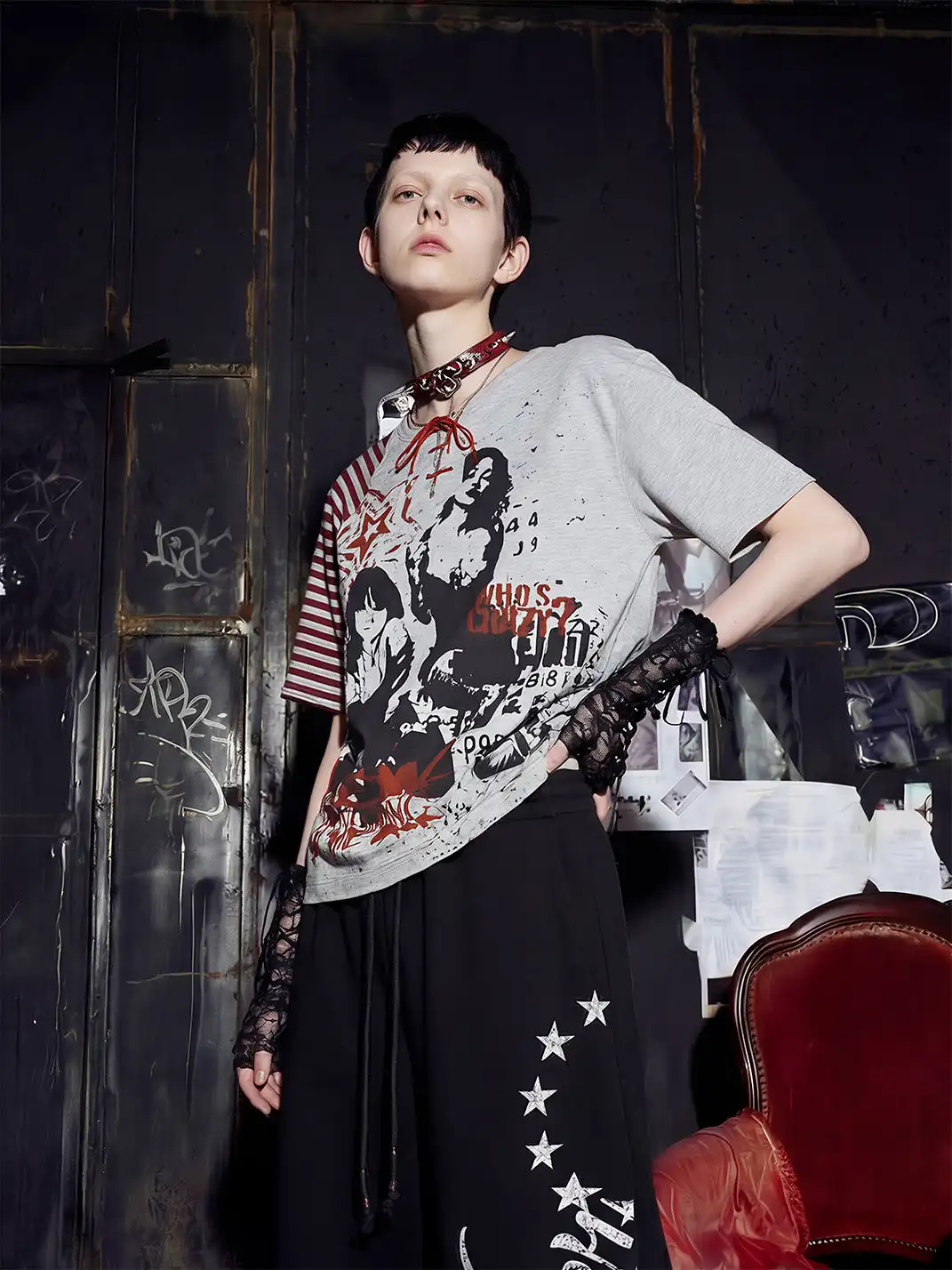 NOMANIAI | Deconstructed Spliced Striped Print T-shirt