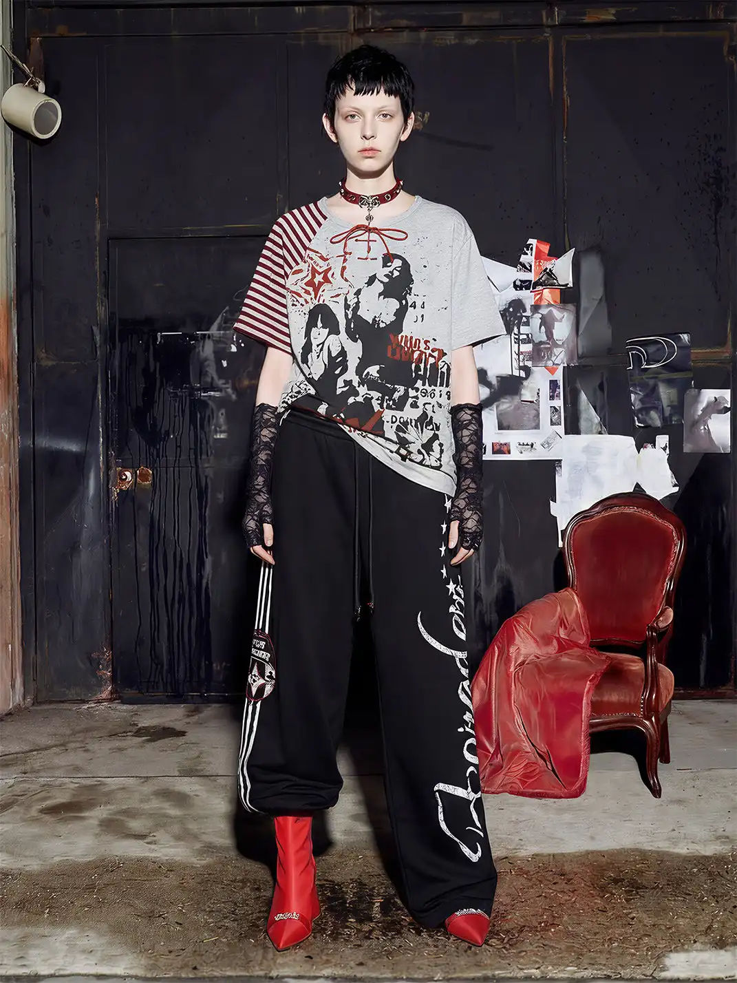 NOMANIAI | Deconstructed Spliced Striped Print T-shirt