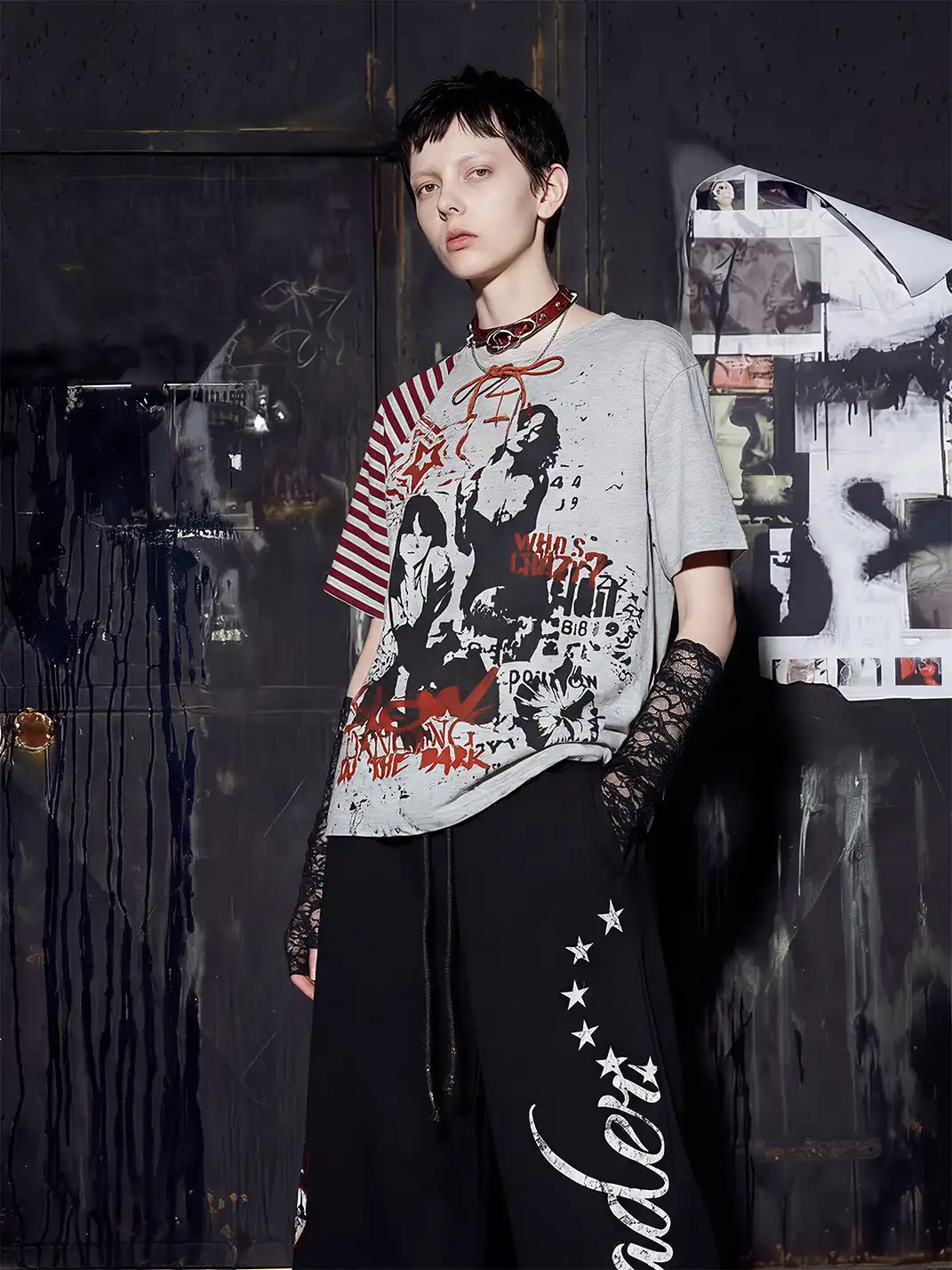 NOMANIAI | Deconstructed Spliced Striped Print T-shirt