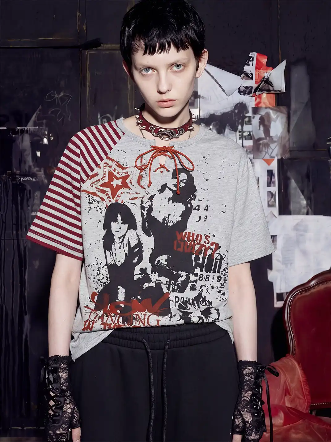 NOMANIAI | Deconstructed Spliced Striped Print T-shirt
