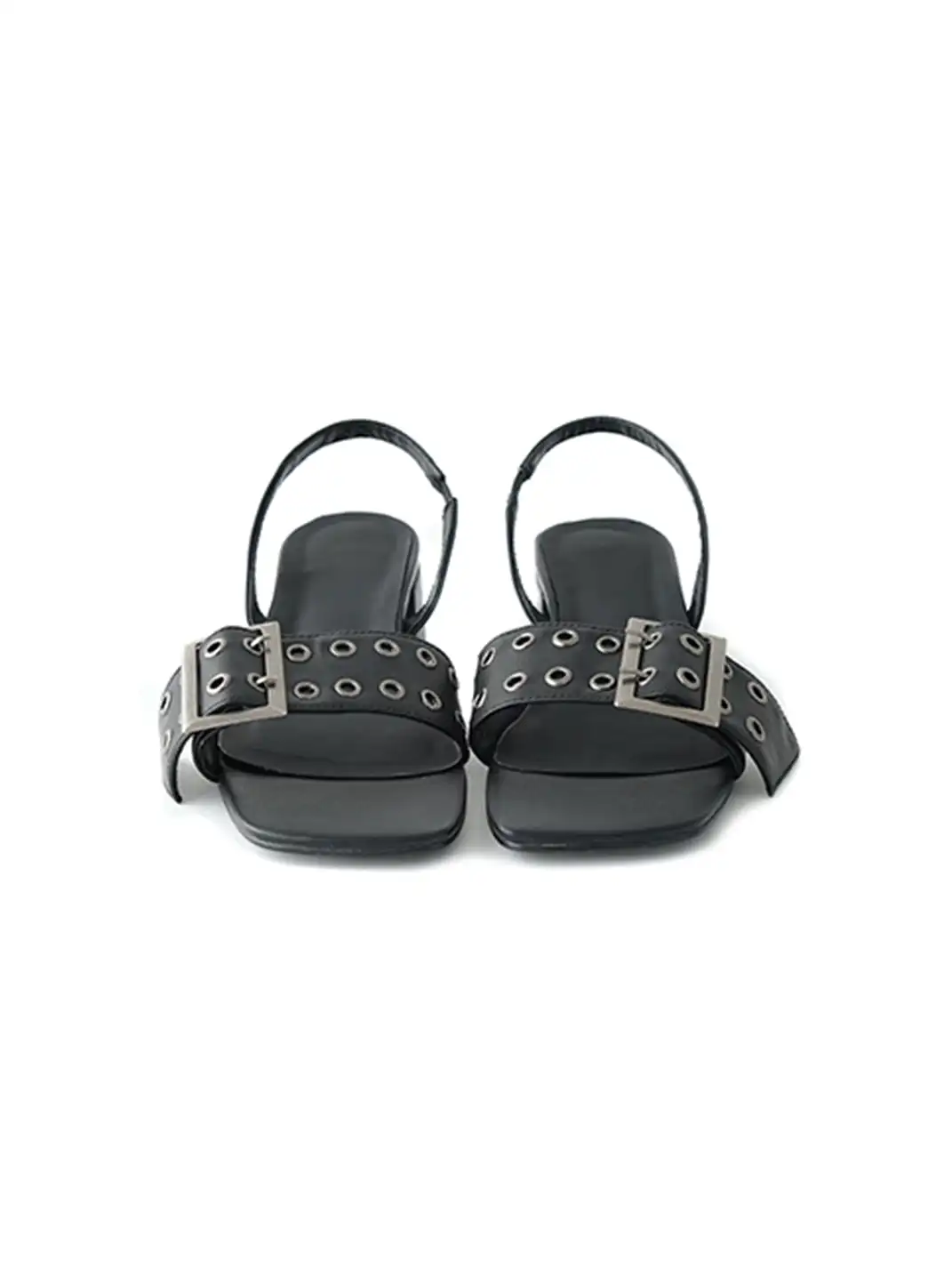 24ans online | Metal Buckle Square Toe Block Heel Slide Sandals