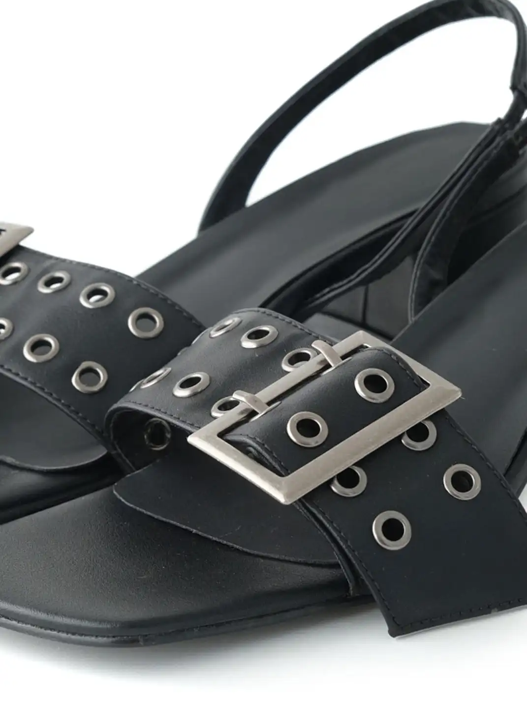 24ans online | Metal Buckle Square Toe Block Heel Slide Sandals