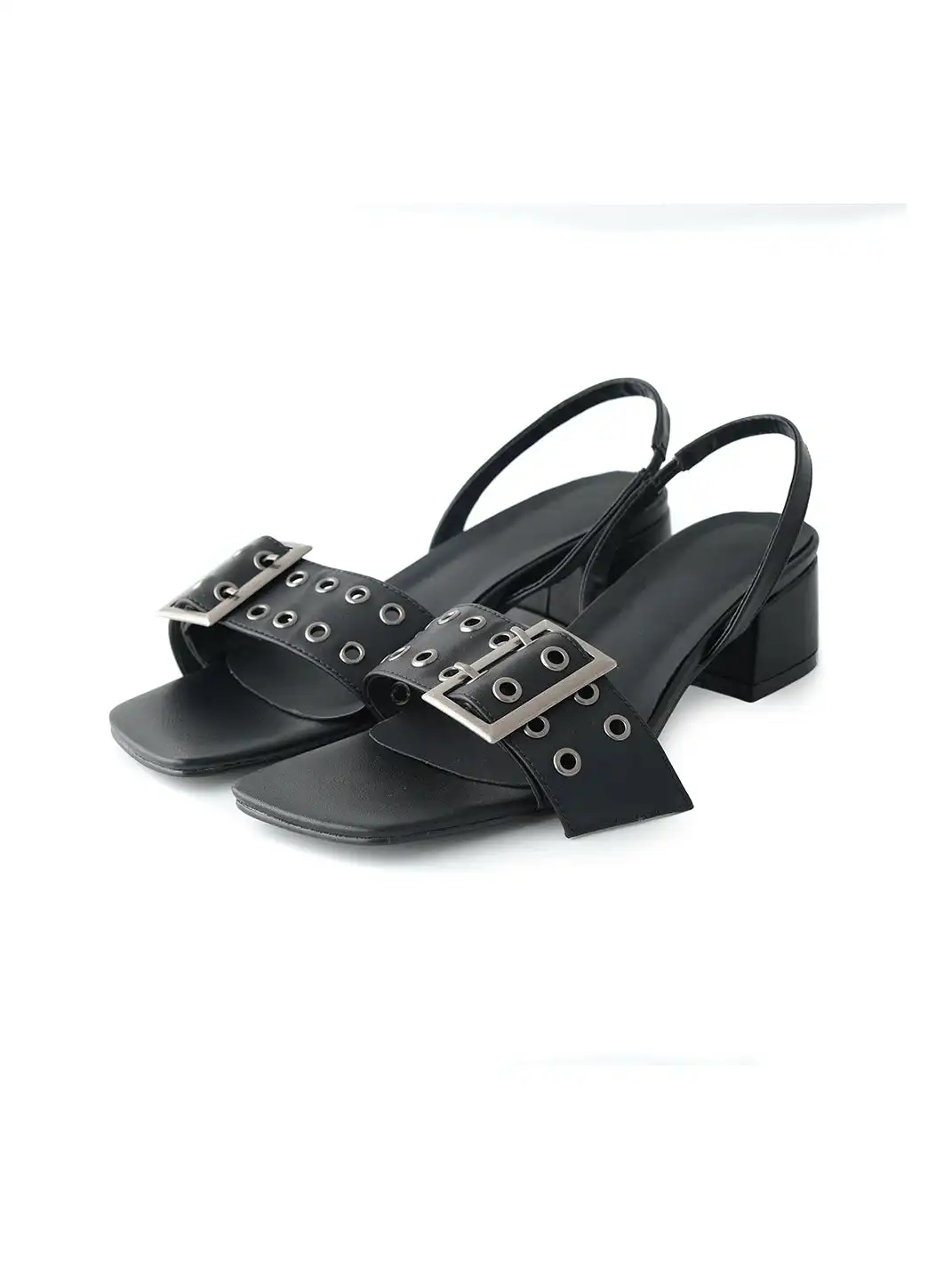 24ans online | Metal Buckle Square Toe Block Heel Slide Sandals
