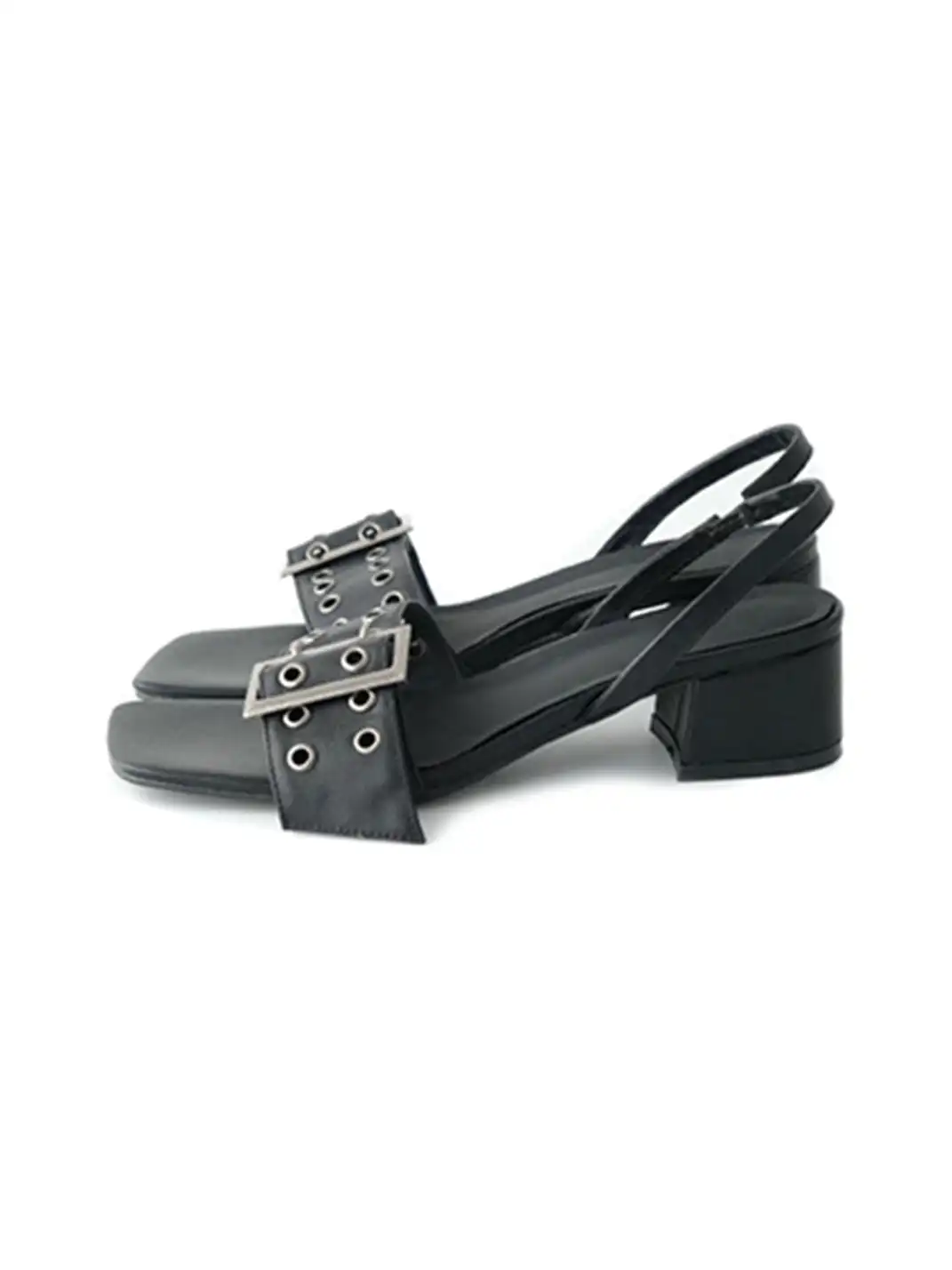 24ans online | Metal Buckle Square Toe Block Heel Slide Sandals