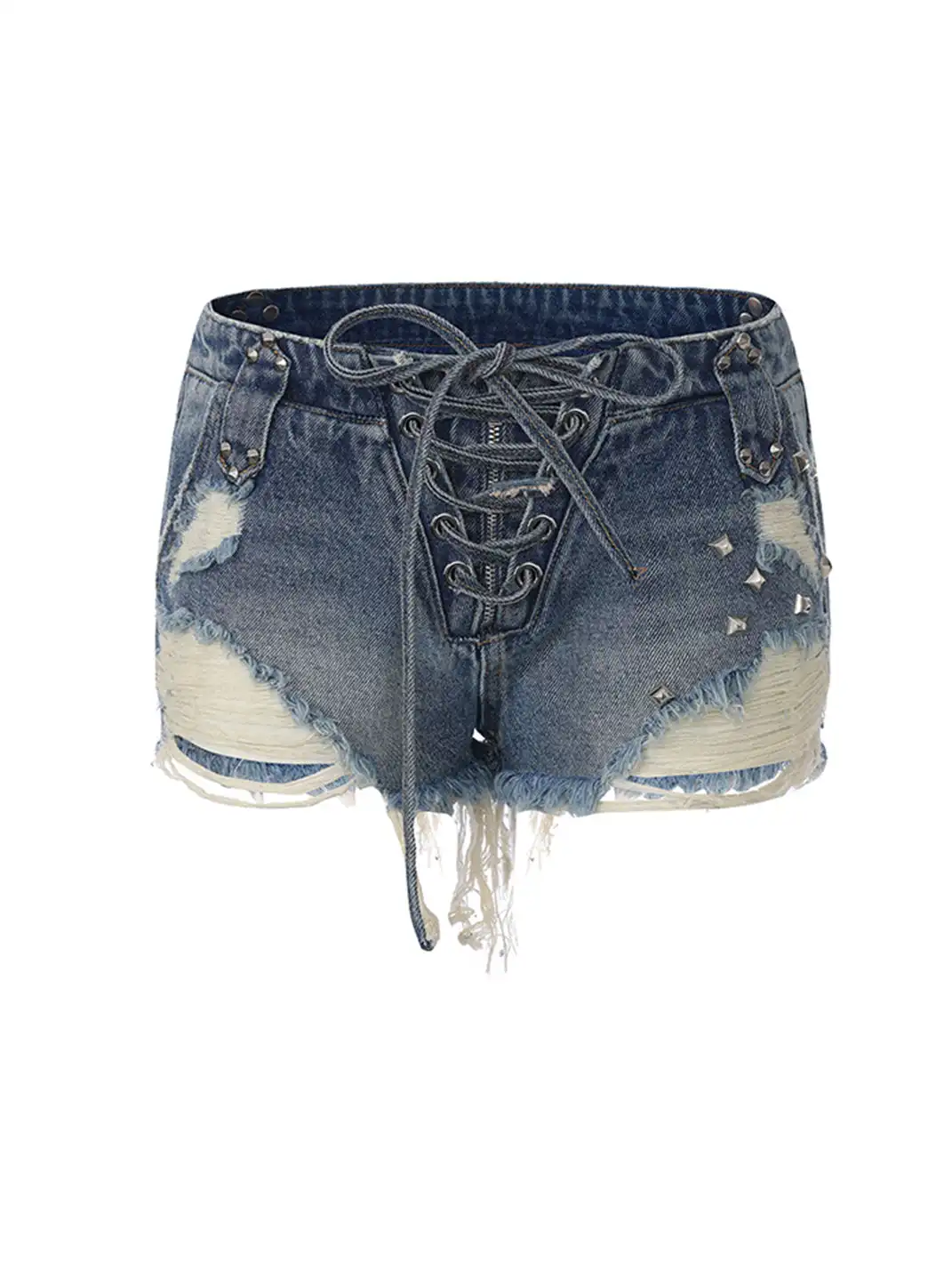 24ans online | Irregular Distressed Lace-up Denim Shorts