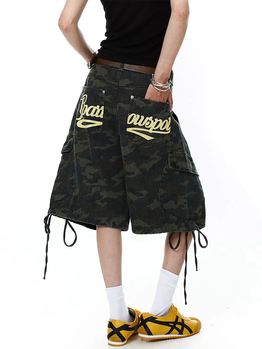 BLACKLISTS | Drawstring Multi-pocket Letter Camouflage Shorts