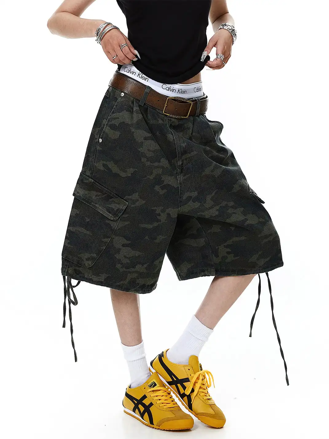 BLACKLISTS | Drawstring Multi-pocket Letter Camouflage Shorts