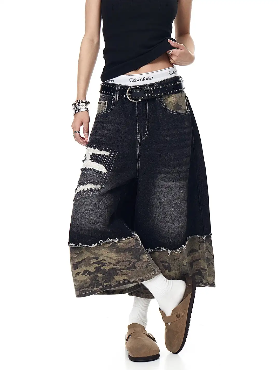 BLACKLISTS | Camouflage Spliced Distressed Denim Capris