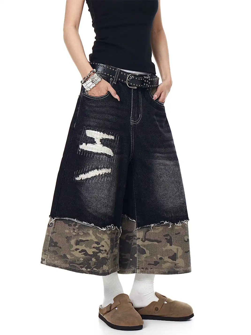 BLACKLISTS | Camouflage Spliced Distressed Denim Capris