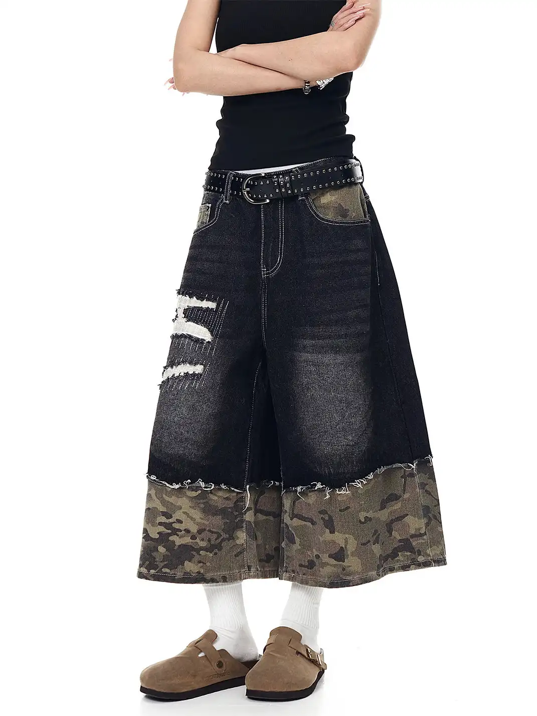 BLACKLISTS | Camouflage Spliced Distressed Denim Capris