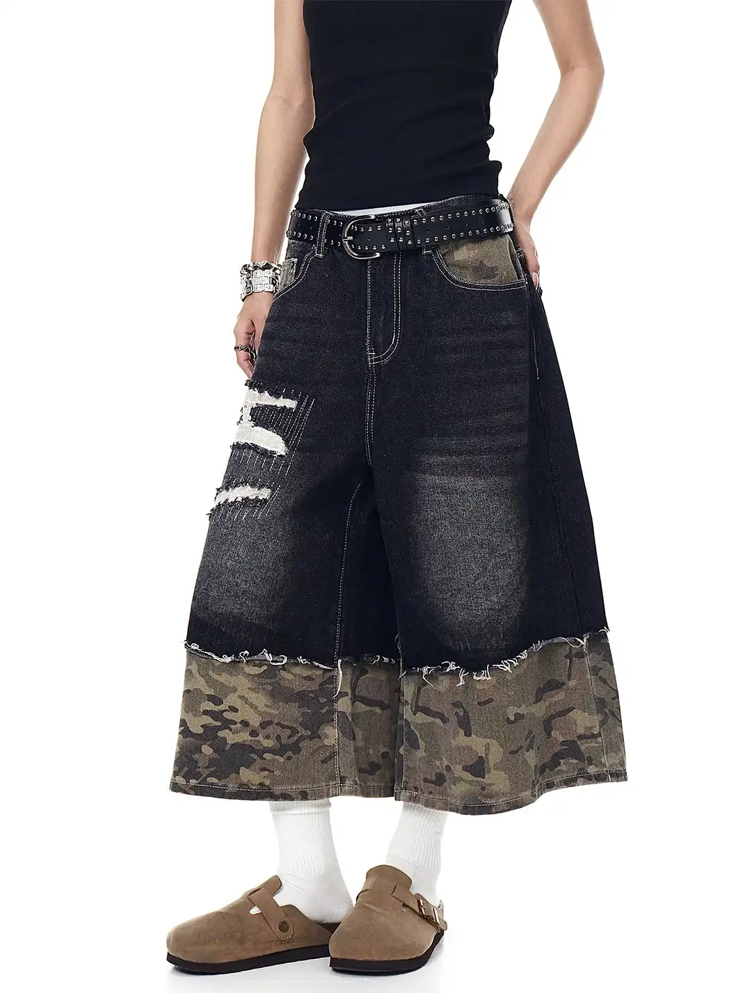 BLACKLISTS | Camouflage Spliced Distressed Denim Capris