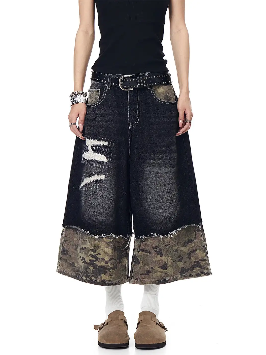 BLACKLISTS | Camouflage Spliced Distressed Denim Capris