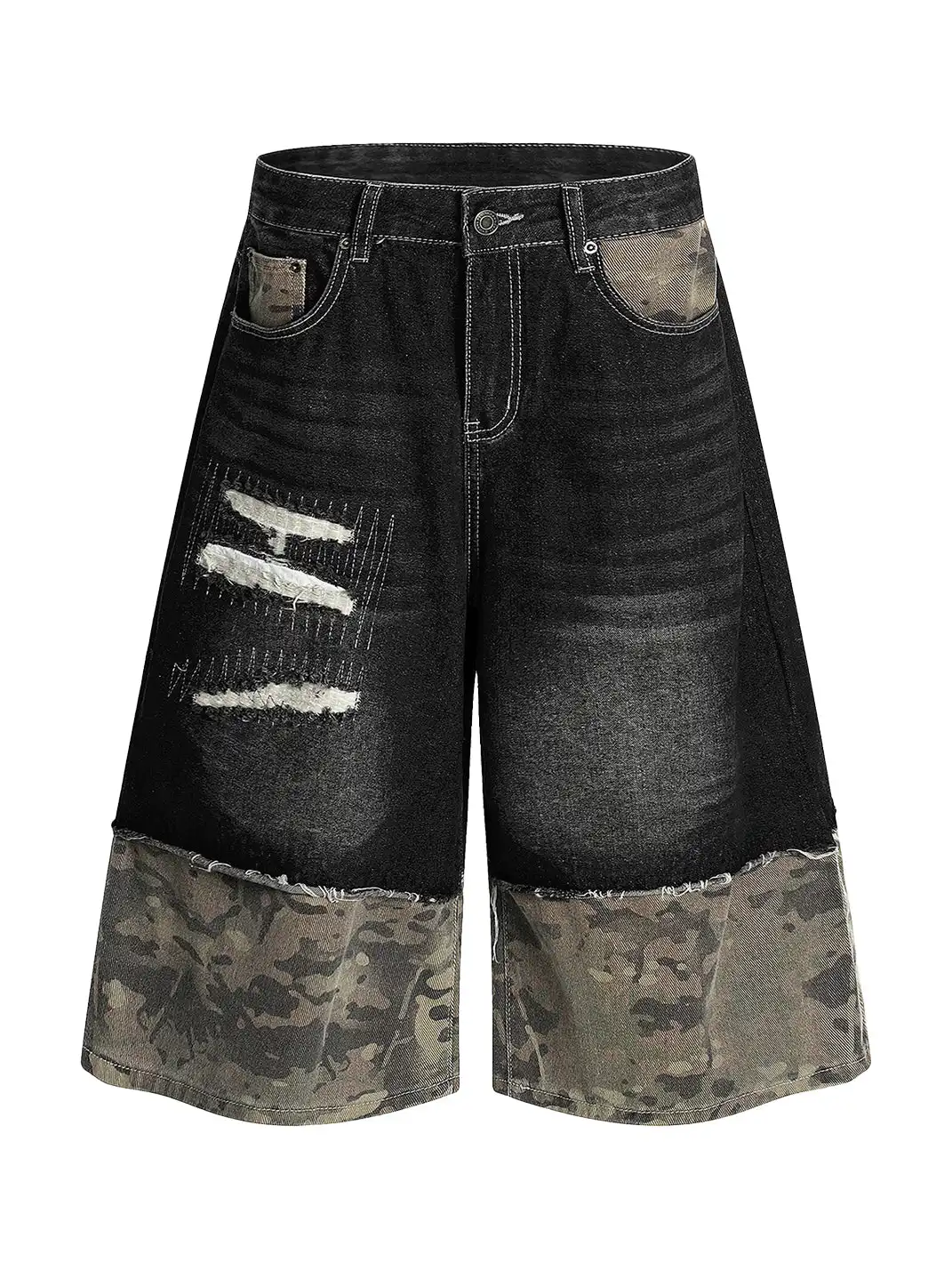 BLACKLISTS | Camouflage Spliced Distressed Denim Capris
