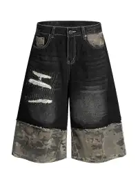 BLACKLISTS | Camouflage Spliced Distressed Denim Capris