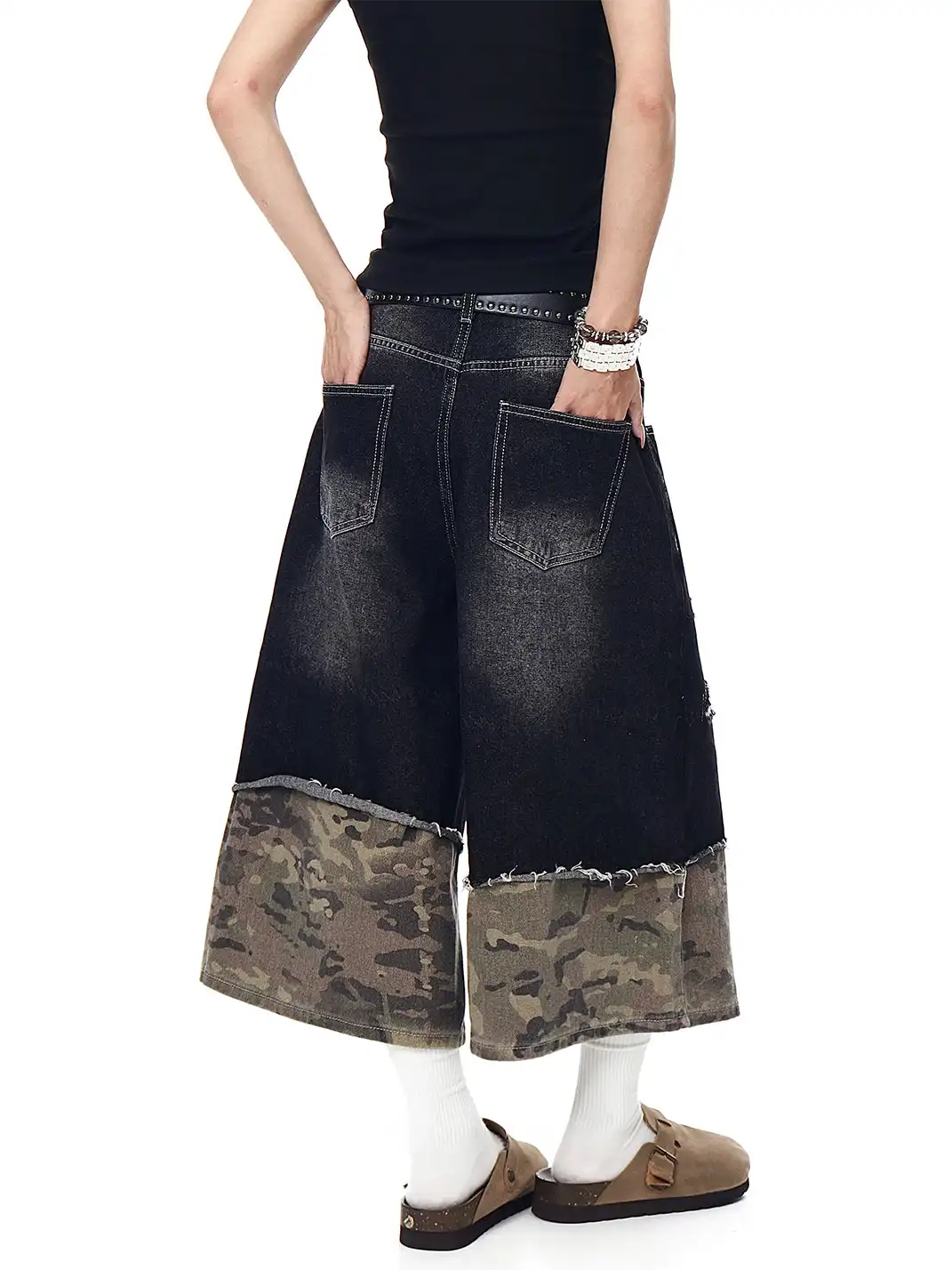 BLACKLISTS | Camouflage Spliced Distressed Denim Capris