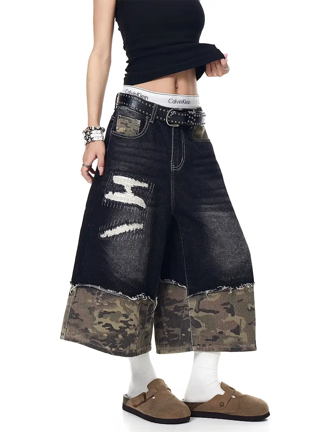 BLACKLISTS | Camouflage Spliced Distressed Denim Capris